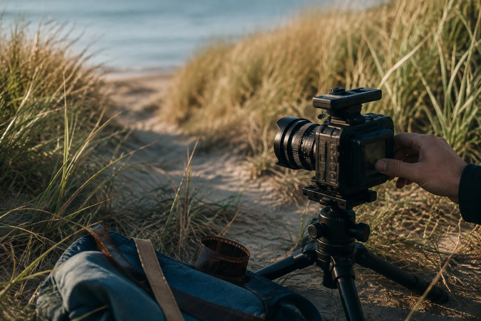 Câmera em tripé filmando um caminho entre dunas e capim alto