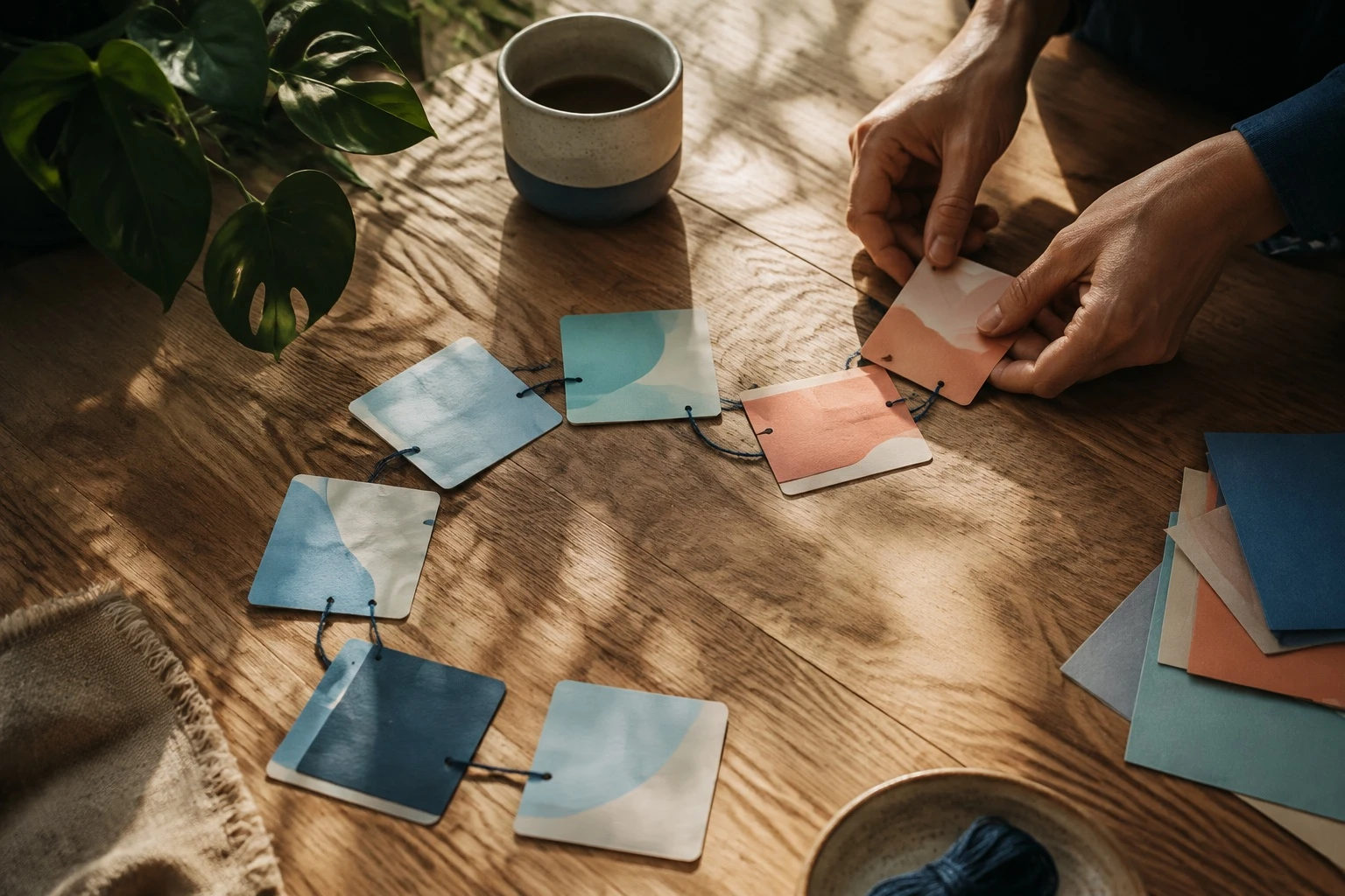 Mãos organizando cartões conectados por um fio azul sobre uma mesa de madeira