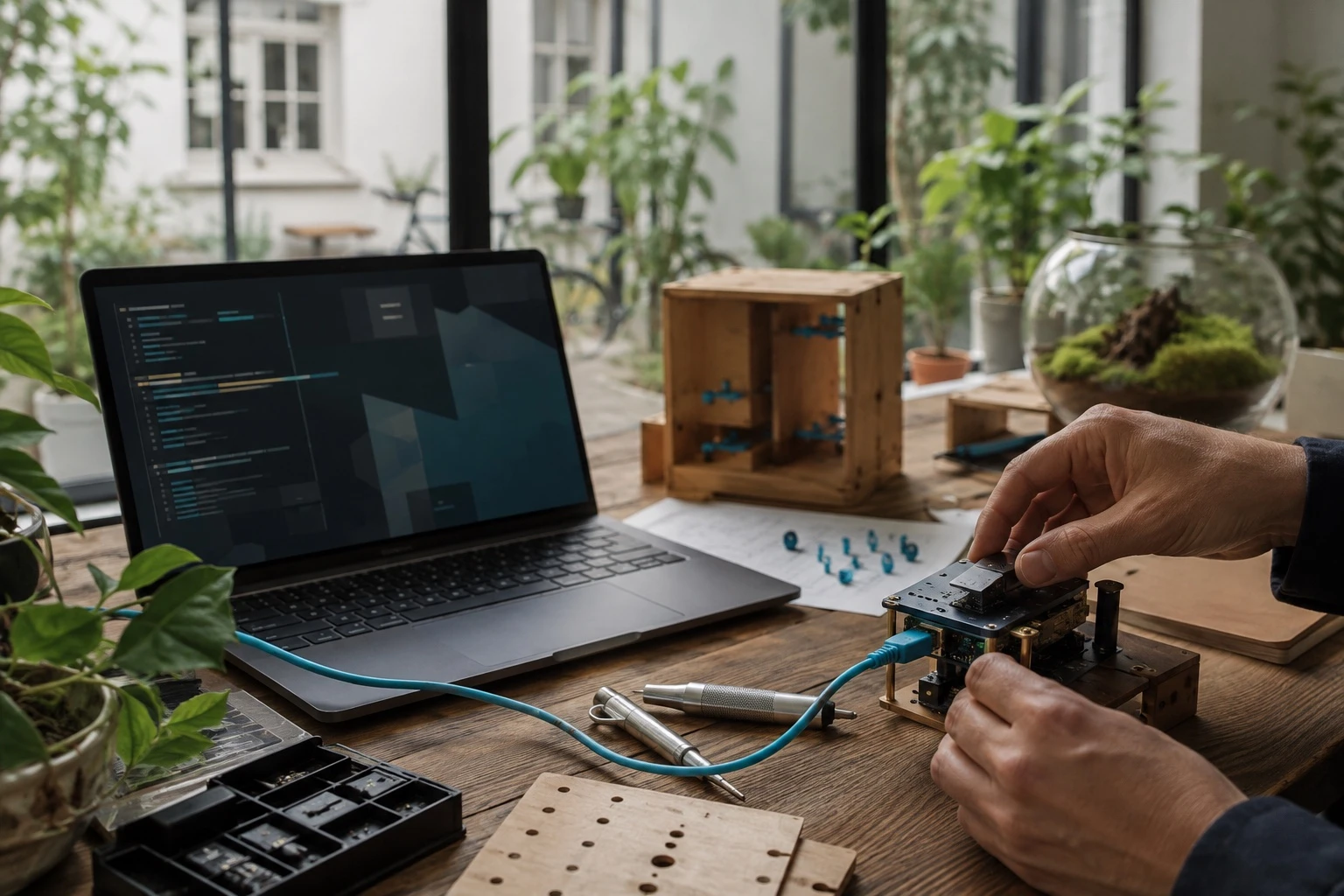Mãos montando um protótipo eletrônico ao lado de um laptop